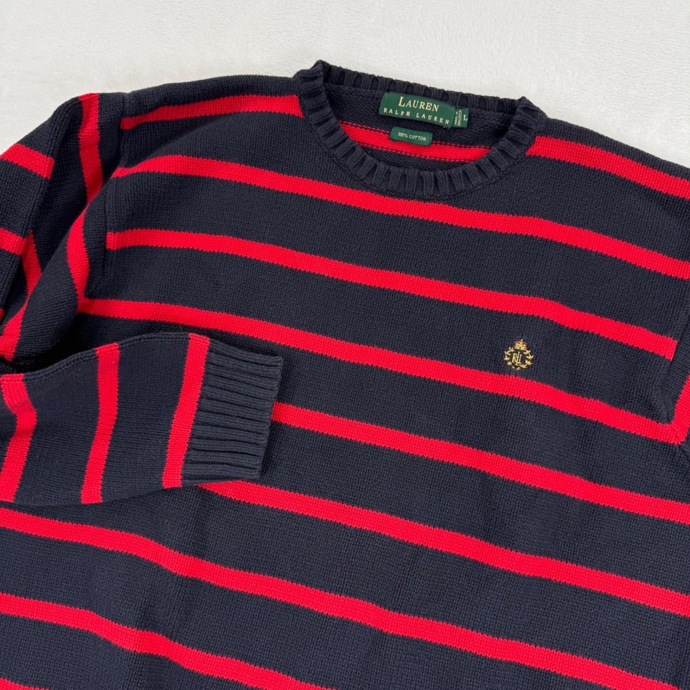 Lauren Ralph Lauren Large Navy Blue Red Striped‎ Cotton Crewneck Sweater Logo